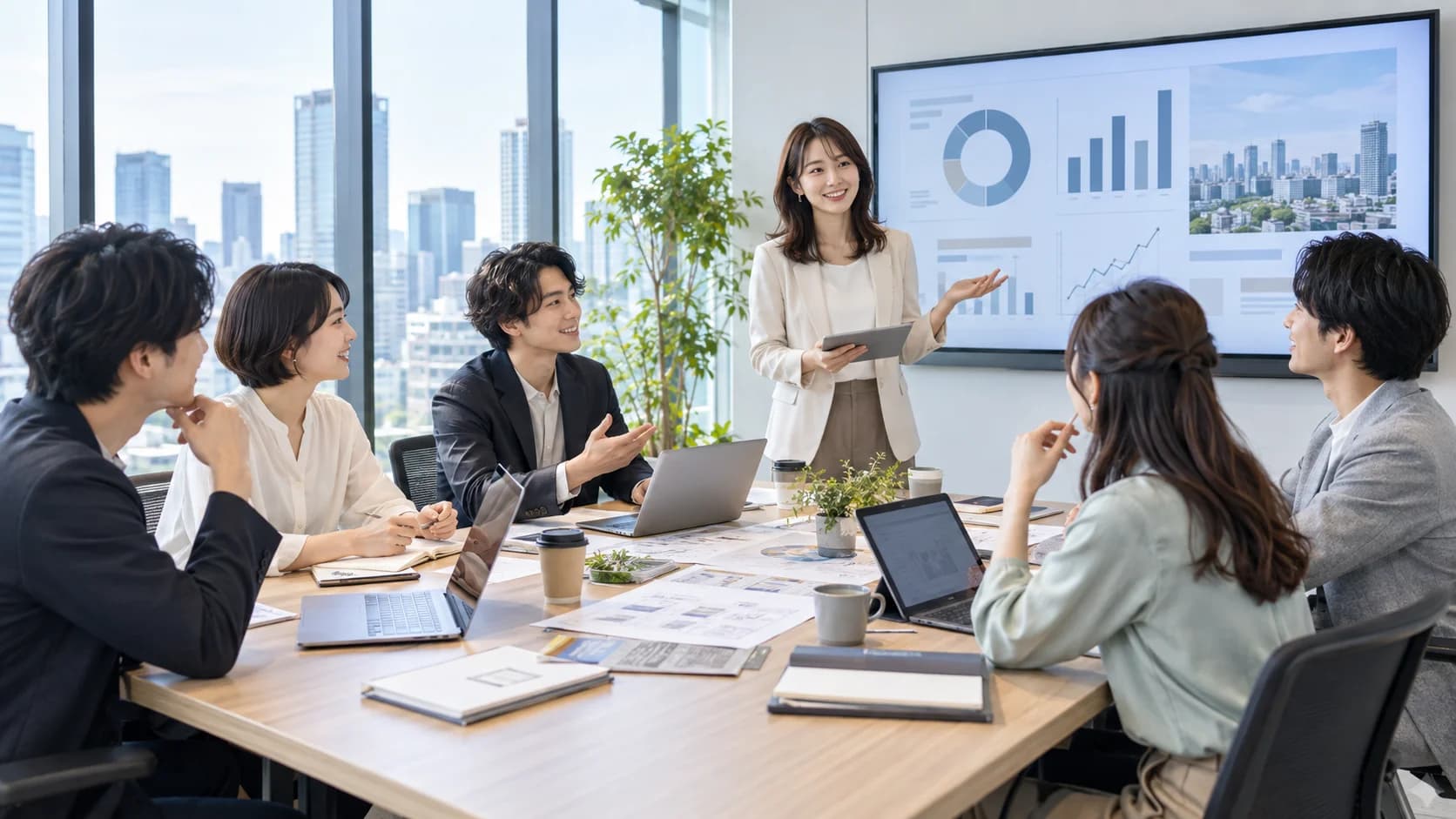 オフィスで打ち合わせる社員